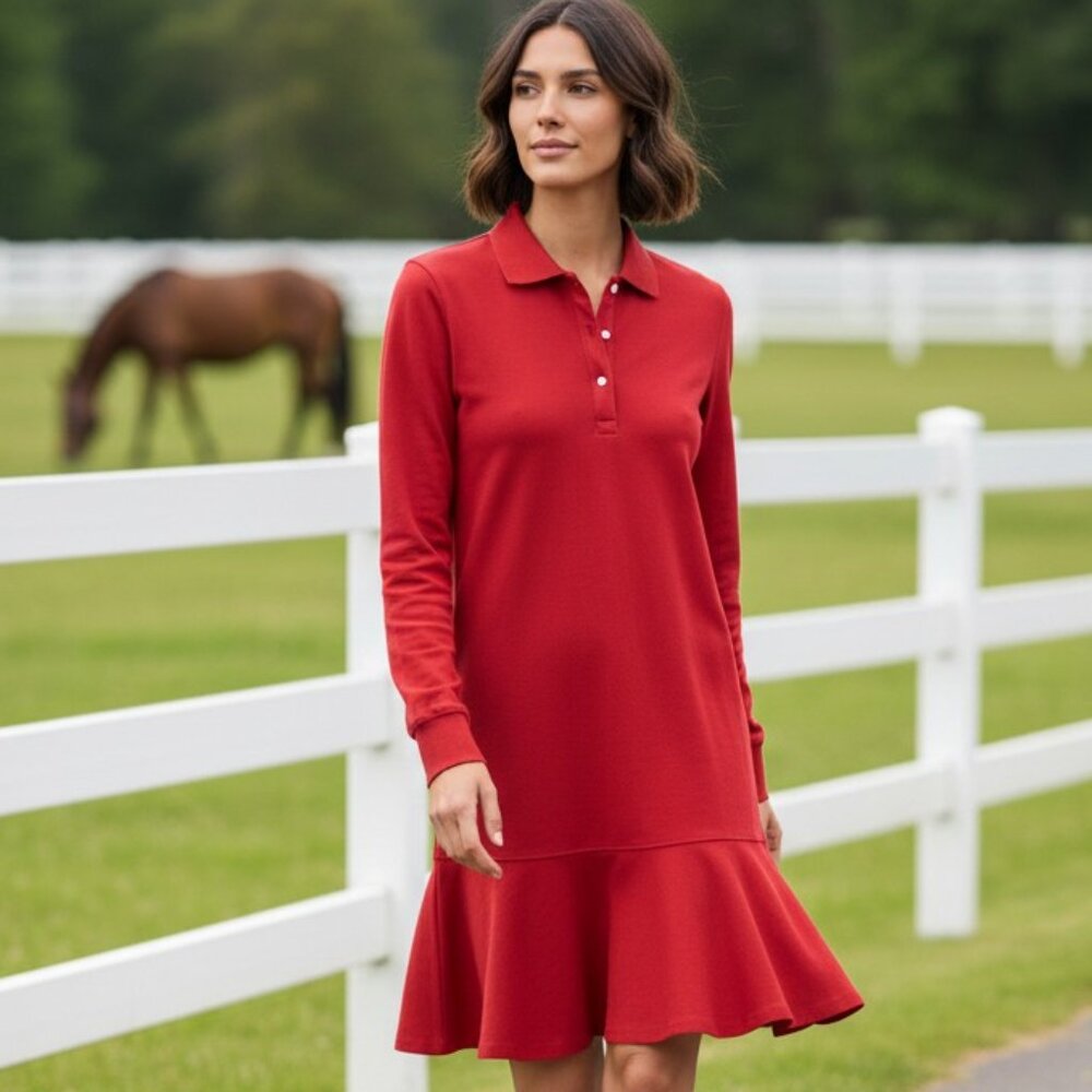 Tuckernuck May Polo Dress Red Pique Ruffle Hem Mini M NWT Long Sleeve Preppy